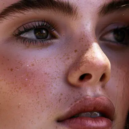Close-up du visage d'une jeune femme après l'utilisation d'un kit de rehaussement de cils, mettant en évidence ses cils longs et naturellement courbés, sa peau lumineuse avec des taches de rousseur, et ses yeux marron captivants.