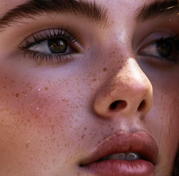 Close-up du visage d'une jeune femme après l'utilisation d'un kit de rehaussement de cils, mettant en évidence ses cils longs et naturellement courbés, sa peau lumineuse avec des taches de rousseur, et ses yeux marron captivants.