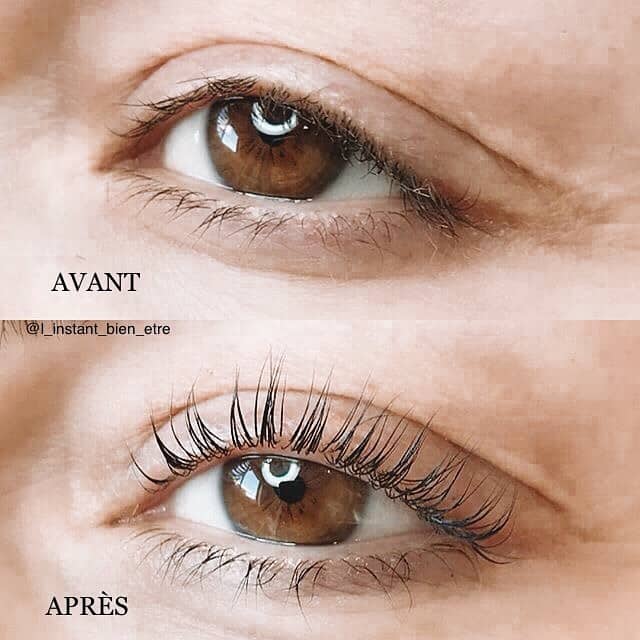 Résultat avant et après traitement, révélant une amélioration significative de la courbure des cils sur un œil de couleur marron.